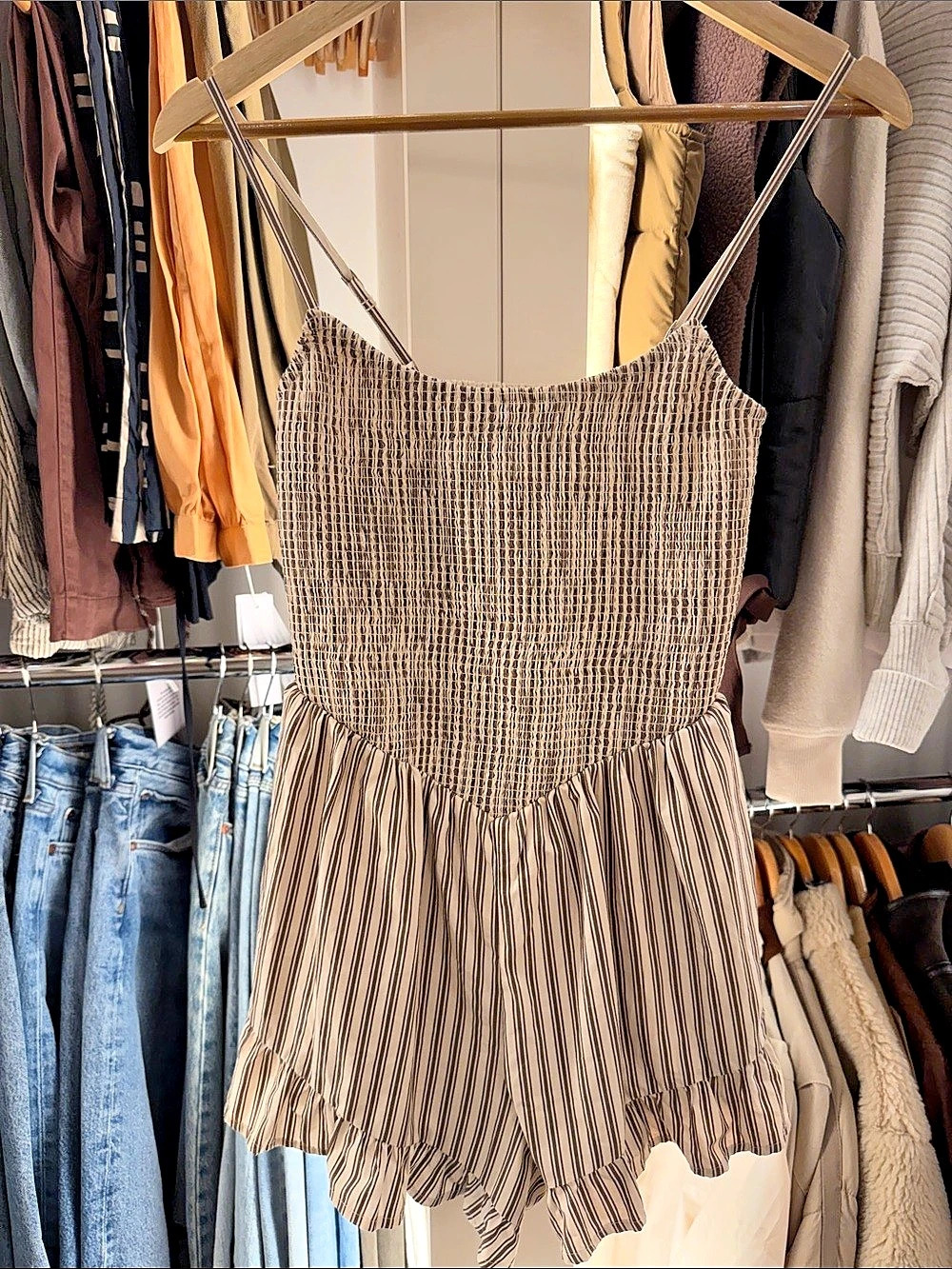 Abercrombie & Fitch Sydney Smocked Dipped-Waist Romper Striped Mini Small Petite